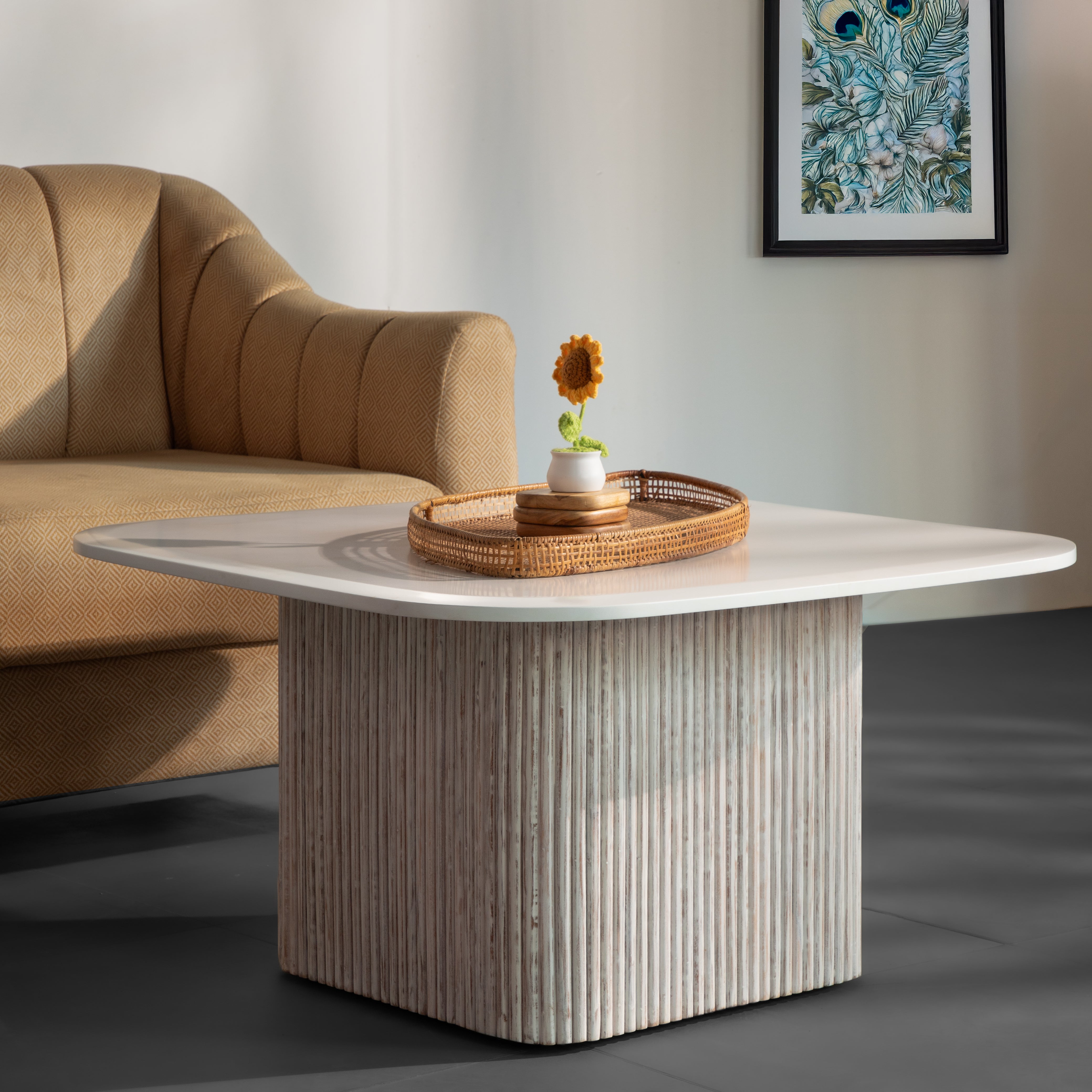 Modern Square Coffee Table – Minimalist Center Table with Ribbed Base for Living Room Décor