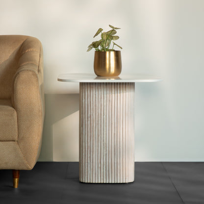 Modern Round Side Table – Minimalist Accent Table with Ribbed Cylindrical Base for Living Room, Bedroom & Office Décor