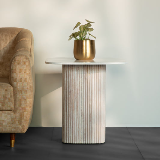 Modern Round Side Table – Minimalist Accent Table with Ribbed Cylindrical Base for Living Room, Bedroom & Office Décor