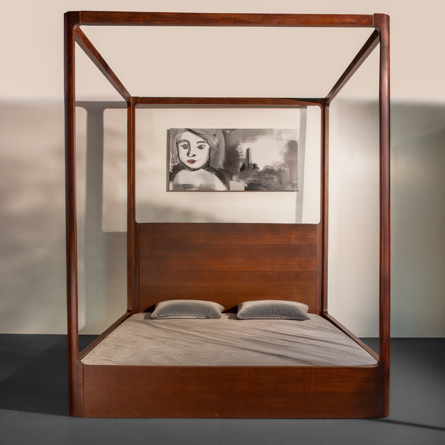 Solid Wood Four Poster Canopy Bed – Modern Luxury King Bed Frame with Headboard for Elegant Bedroom Décor