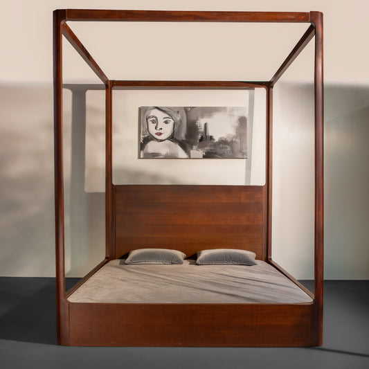 Solid Wood Four Poster Canopy Bed – Modern Luxury King Bed Frame with Headboard for Elegant Bedroom Décor