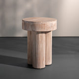 Solid Wood Round Side Table – Modern Accent Table with Ribbed Cylindrical Base for Living Room & Bedroom Décor