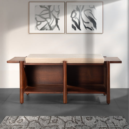 Solid Wood Storage Bench with Cushion – Modern Entryway Bench with Shelves for Living Room & Bedroom