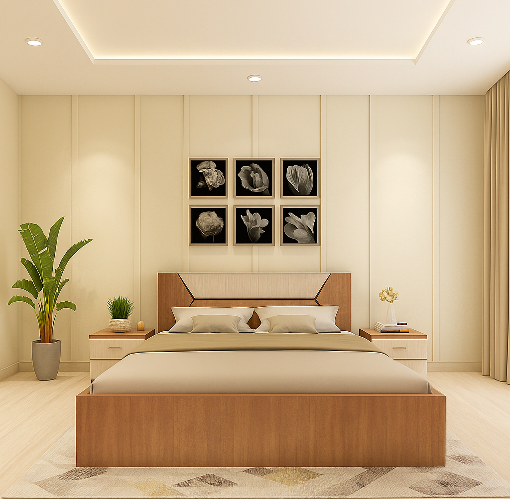 Contemporary Wooden Bed with Side Table