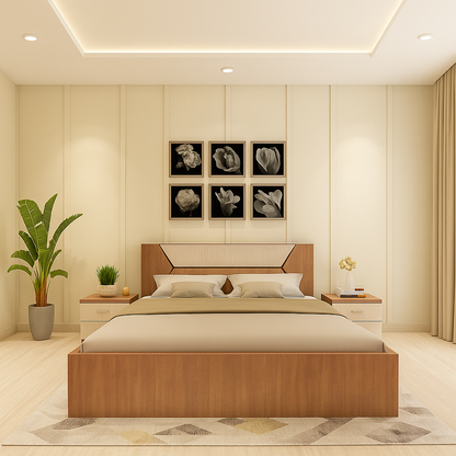 Contemporary Wooden Bed King with Side Table
