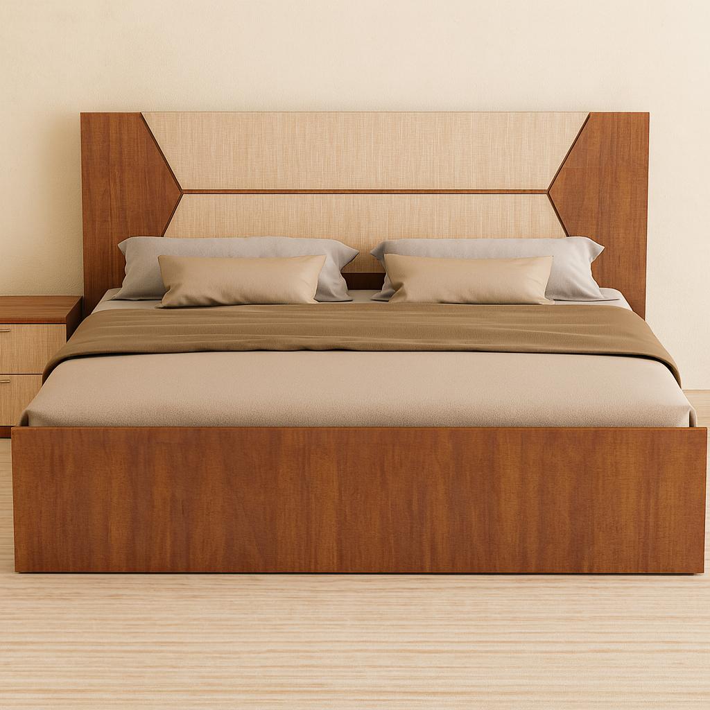Contemporary Wooden Bed King with Side Table