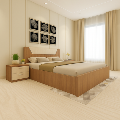 Contemporary Wooden Bed Queen with Side Table