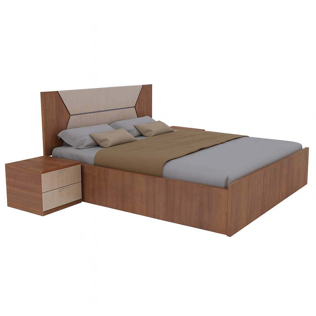 Contemporary Wooden Bed with Side Table