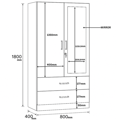 Aveline Compact Wardrobe with Mirror & Drawers | Ocean Blue Matte Finish | SRK Modular Furniture