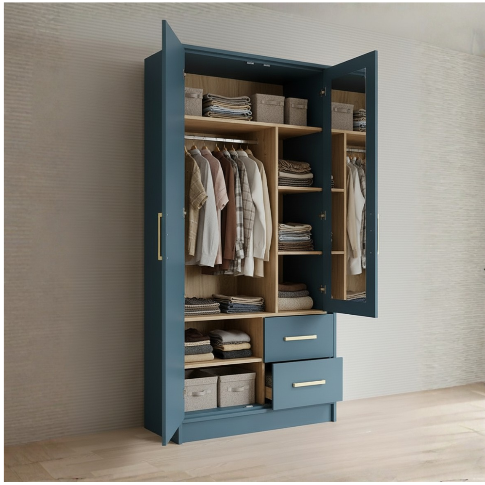 Aveline Compact Wardrobe with Mirror & Drawers | Ocean Blue Matte Finish | SRK Modular Furniture