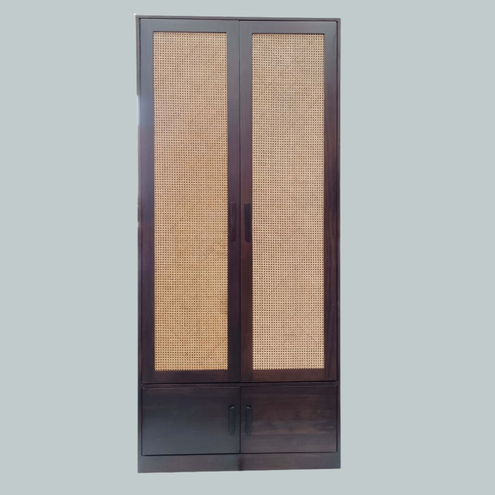 Walnut Finish Rattan Door With Storage Cabinet Standard Length