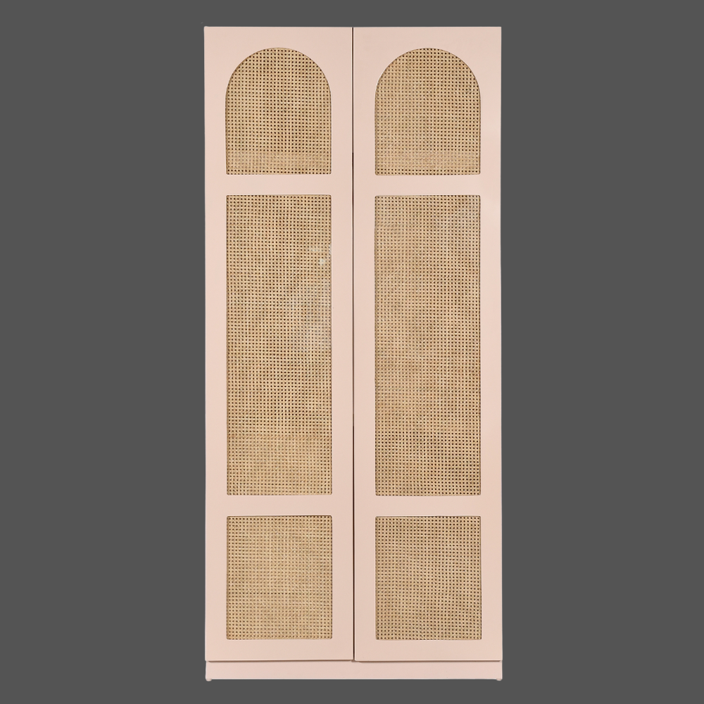 Modern Wood Wardrobe with Natural Rattan Door Panels