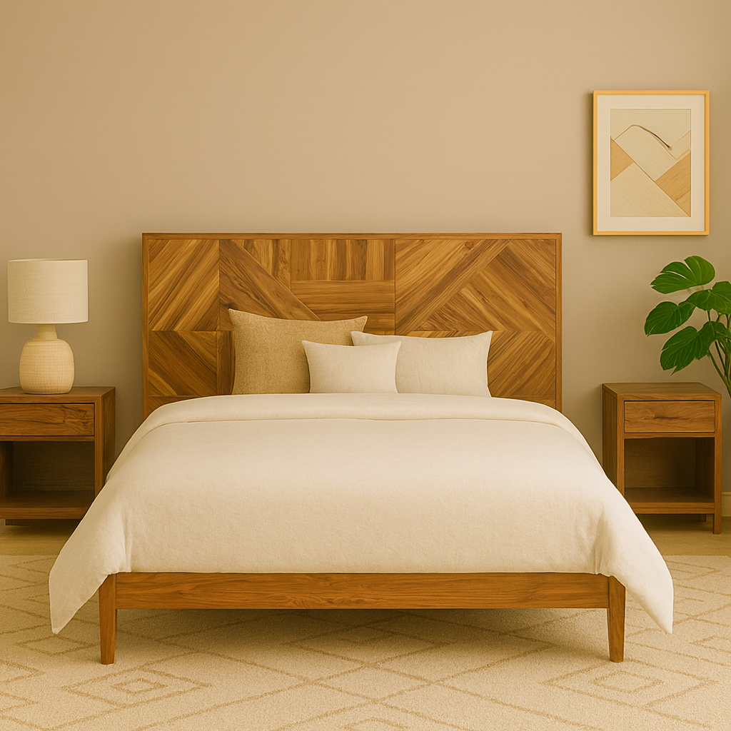Aurelia Geometric Solid Teak Bed with Side Table Collection