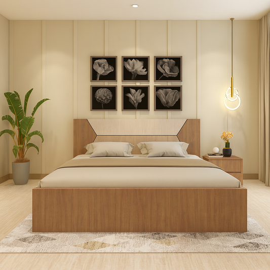Contemporary Wooden Bed King with Side Table
