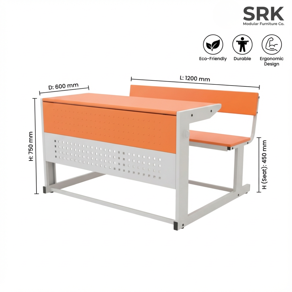 Dual Seater Modern Classroom Desk | Orange & White Metal Frame School Bench | SRK Modular Furniture