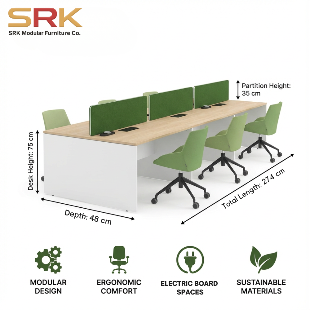 8-Seater Green Modular Office Workstation | Dual Cluster Desk with Biophilic Hanging Planters | SRK Modular Furniture