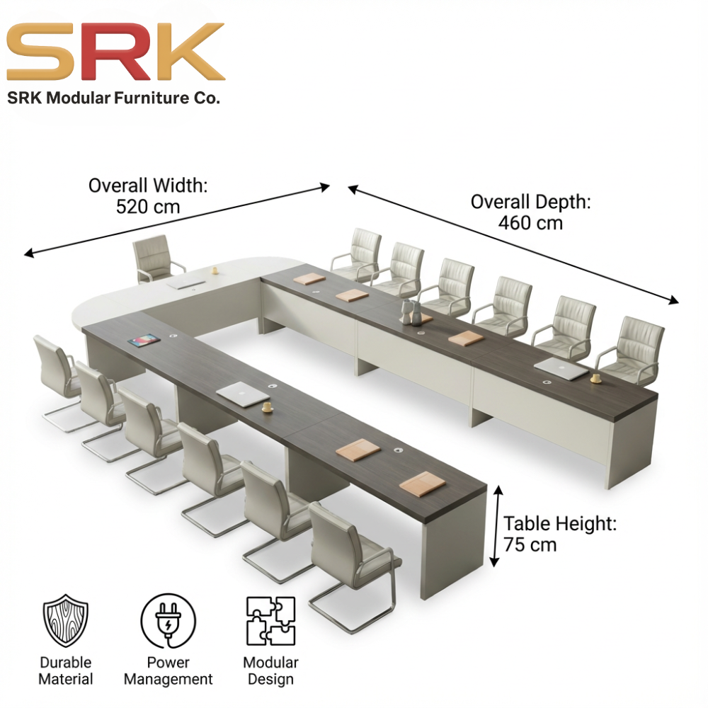 U-Shaped Executive Conference Table | Dual-Tone Grey & White Boardroom Setup | SRK Modular Furniture