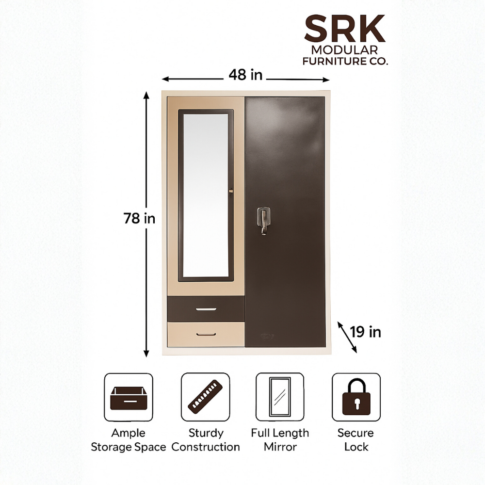 2-Door Metal Almirah with Mirror | Dual-Tone Brown & Beige Steel Locker | SRK Modular Furniture