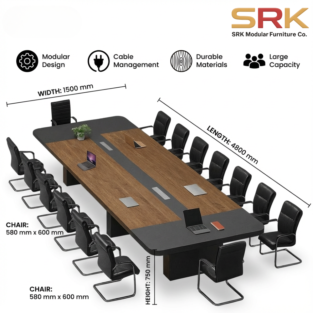 16-Seater Premium Conference Table | Dual-Tone Walnut & Black Boardroom Desk | SRK Modular Furniture