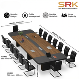 16-Seater Premium Conference Table | Dual-Tone Walnut & Black Boardroom Desk | SRK Modular Furniture