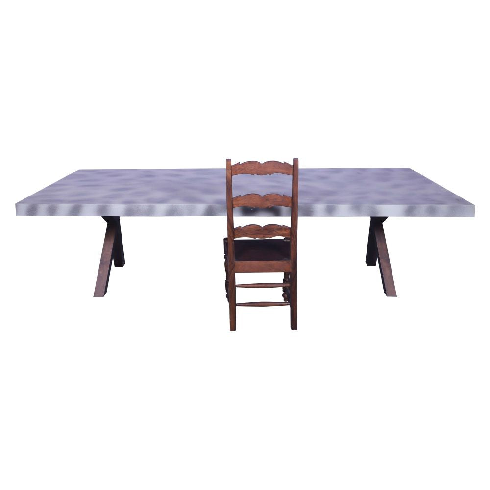 Contemporary dining table with terazzo look metal legs in sagwan gray distress on top