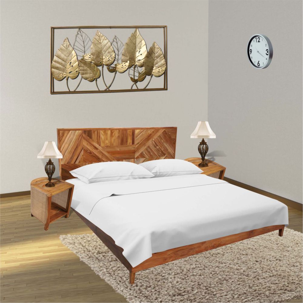 Wooden Bed Mid Walnut Color  Minimalist Queen Size (6X6 ft) bed Teak Finish with Zig -Zag Panal