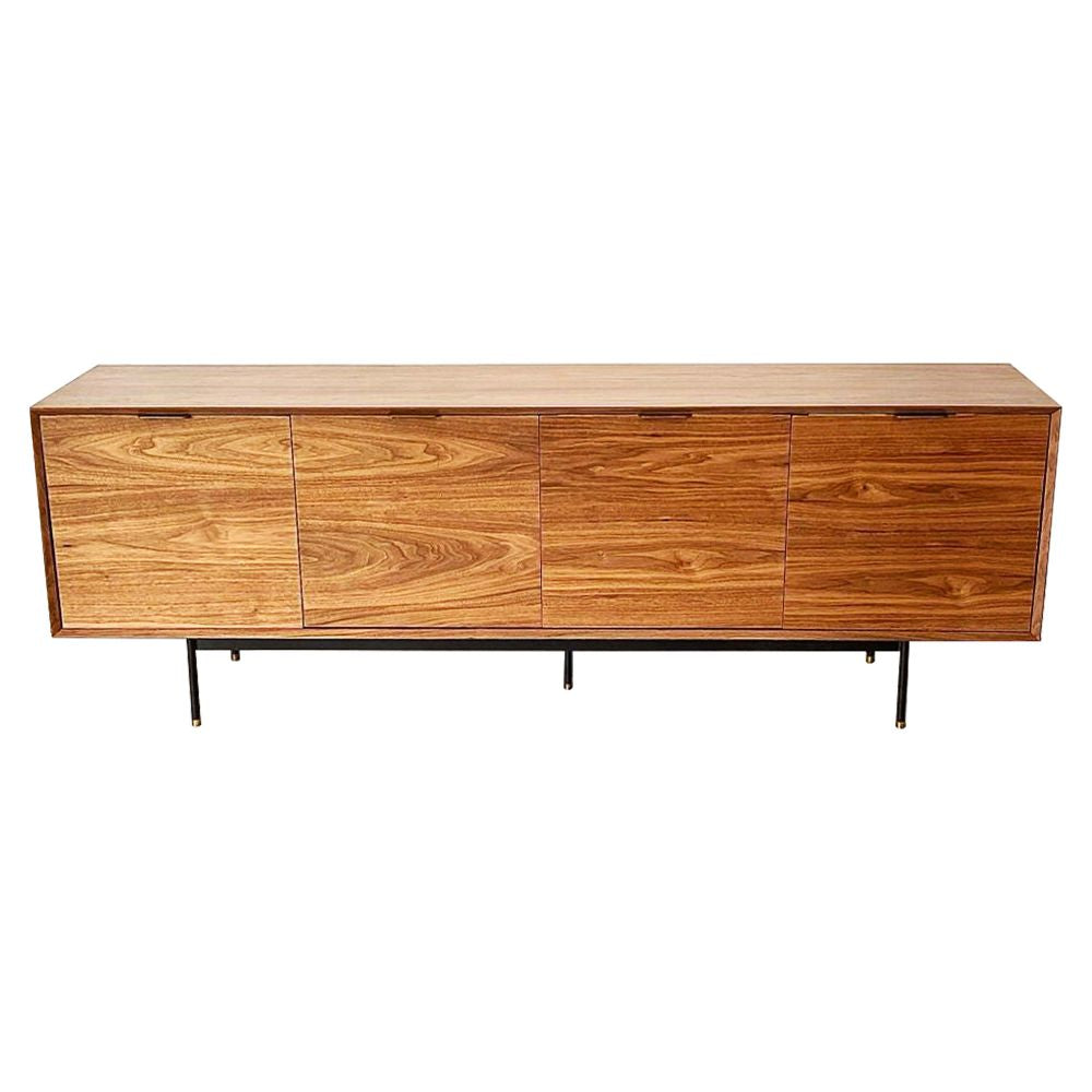 American walnut console with chest of racks in powder coated legs