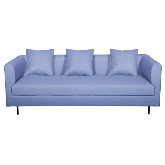 Sagwan wood upholstered sky blue fabric three seater sofa for living room