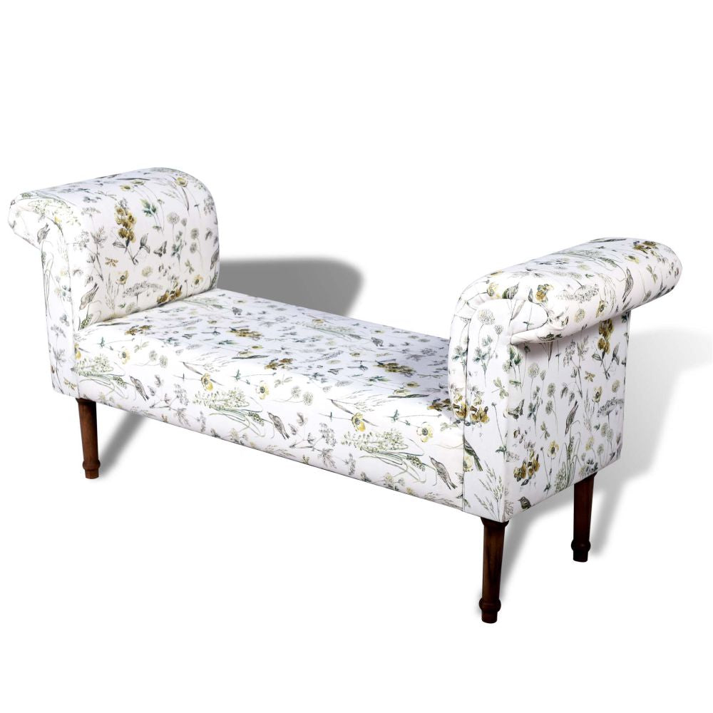 Fabric printed upholstered wooden bench for lounge walnut finish on legs