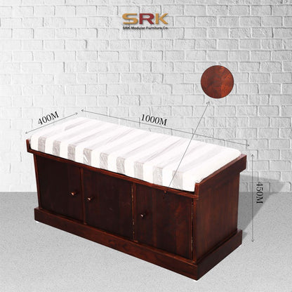 Sagwan Wood Entry Room Cabinet Shoe Rack With Cushion Walnut Finish Storage