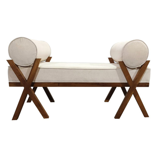 Fabric printed upholstered wooden bench for lounge walnut finish on legs