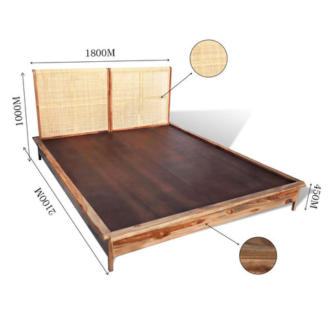 Sagwan Cane Rattan Wooden Bed in Queen Size (6X6 ft) Teak Finish