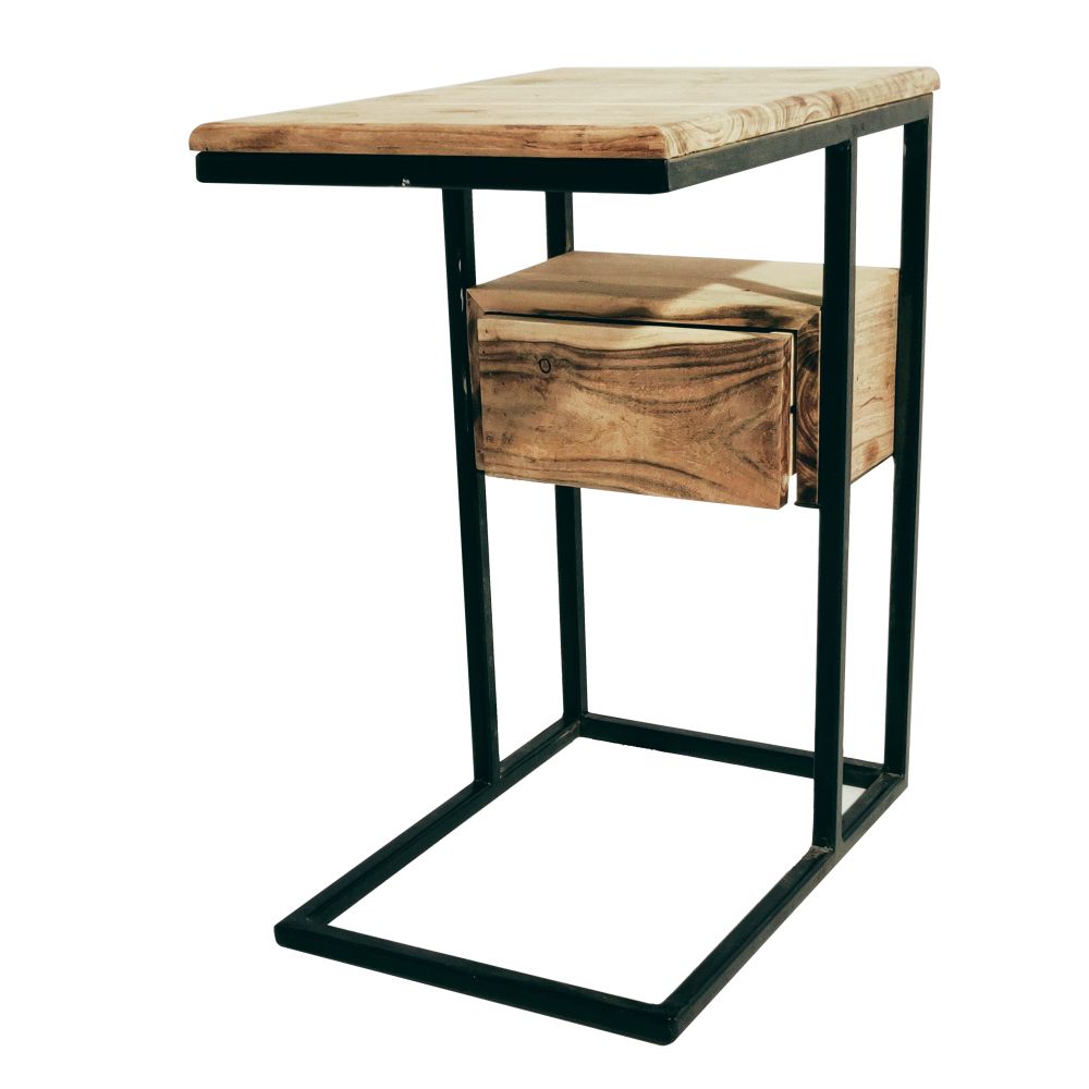 Mango Wood Storage Bedside Table Metal Side Table