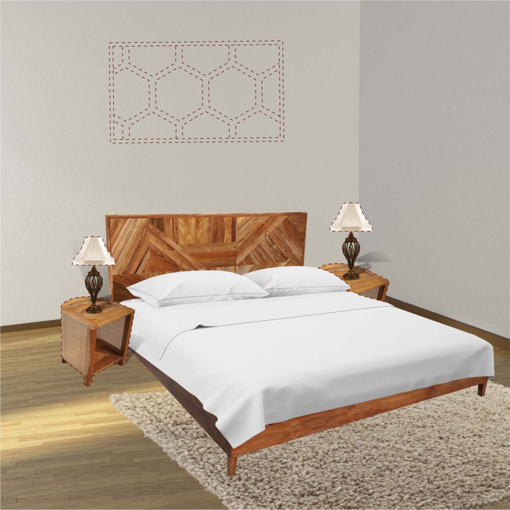 Wooden Bed Mid Walnut Color  Minimalist Queen Size (6X6 ft) bed Teak Finish with Zig -Zag Panal
