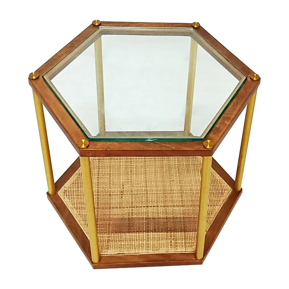Coffee table in rattan cane with glass top sagwan wood