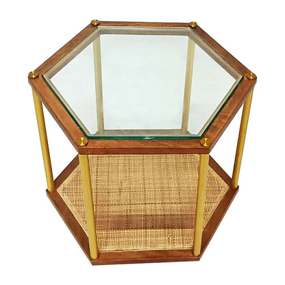 Coffee table in rattan cane with glass top sagwan wood