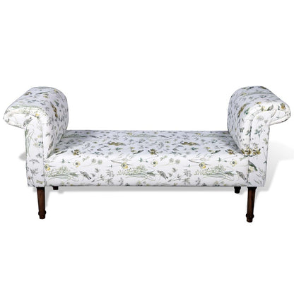 Fabric printed upholstered wooden bench for lounge walnut finish on legs