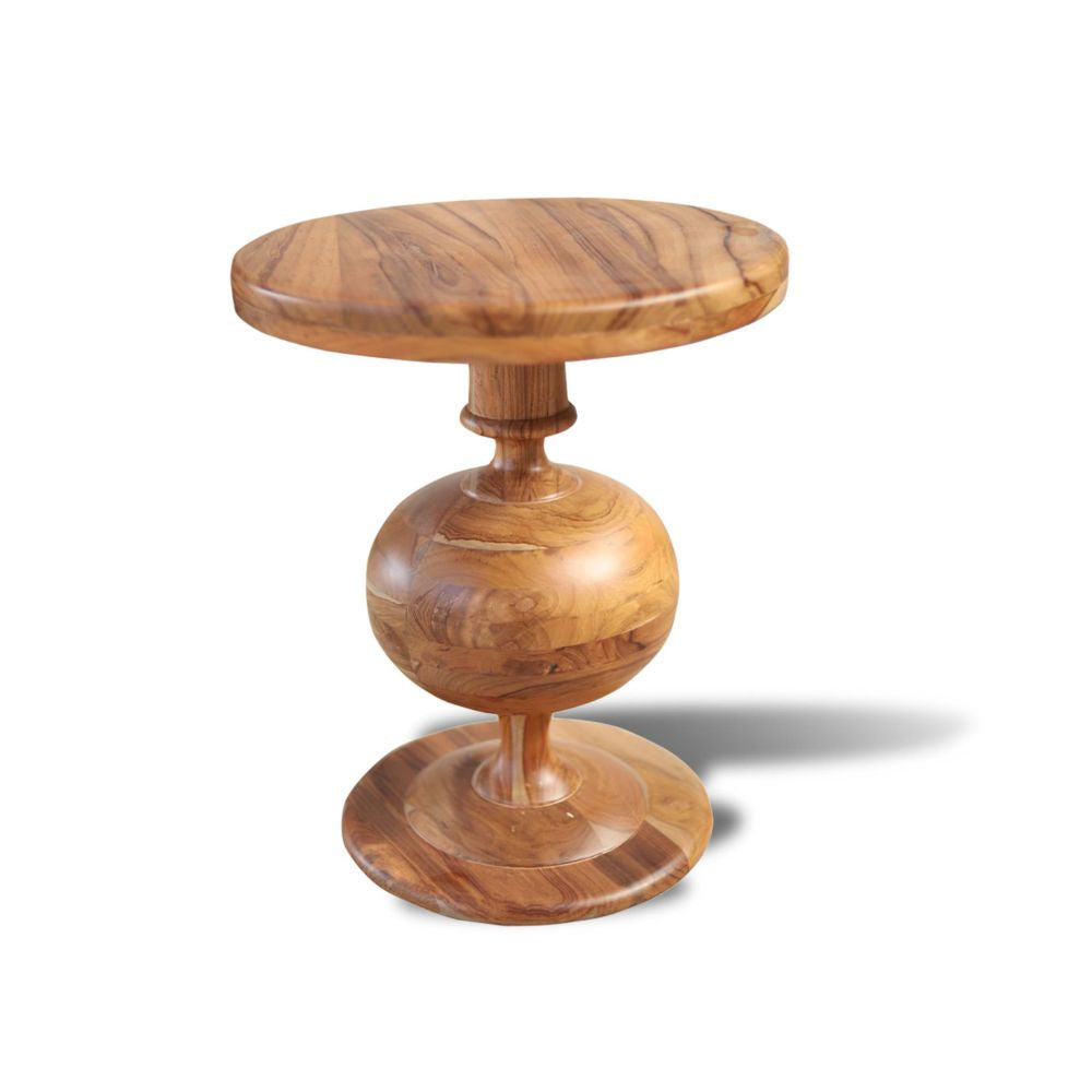 Side table in sagwan wood curved base design round top natural finish