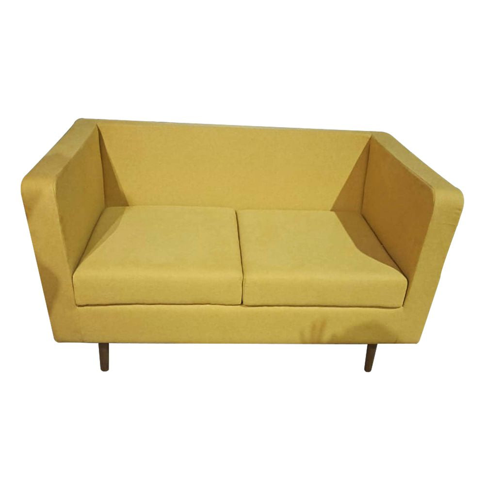 Sagwan wood sofa upholstered seat with yellow fabric two seater wooden legs