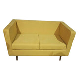 Sagwan wood sofa upholstered seat with yellow fabric two seater wooden legs