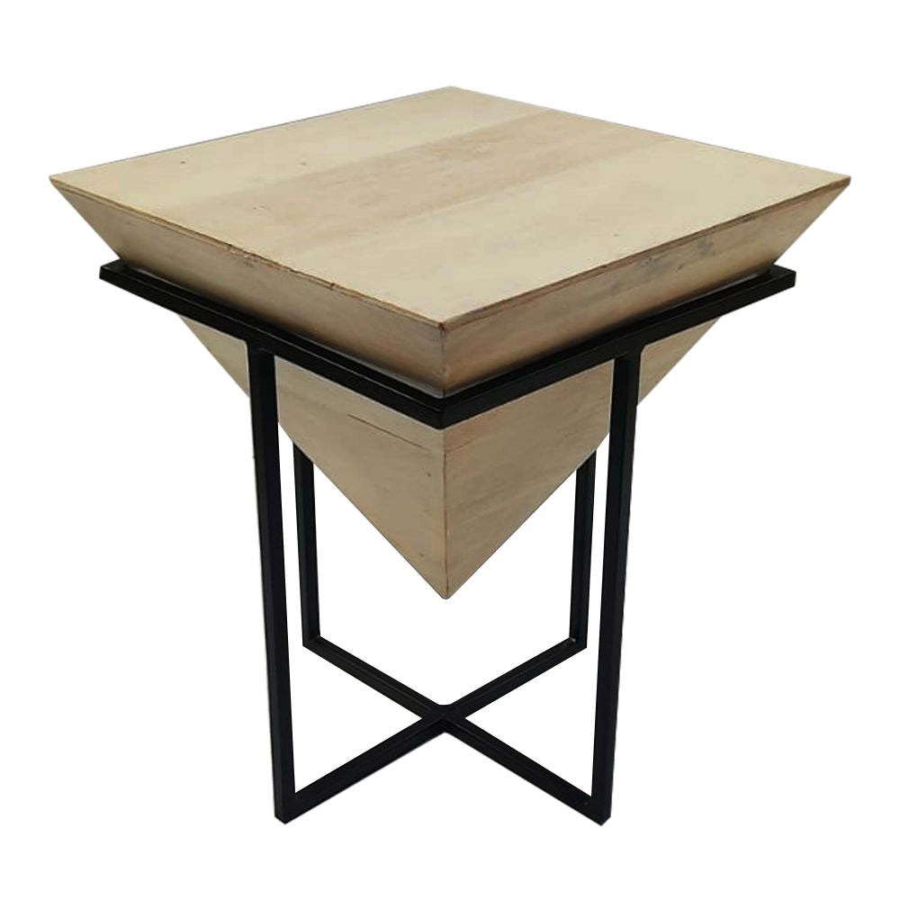 Wooden Stool with pyramid top mango wood natural finish in black polish metal frame