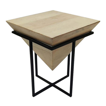 Wooden Stool with pyramid top mango wood natural finish in black polish metal frame