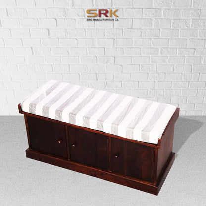 Sagwan Wood Entry Room Cabinet Shoe Rack With Cushion Walnut Finish Storage