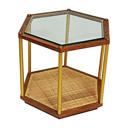 Coffee table in rattan cane with glass top sagwan wood