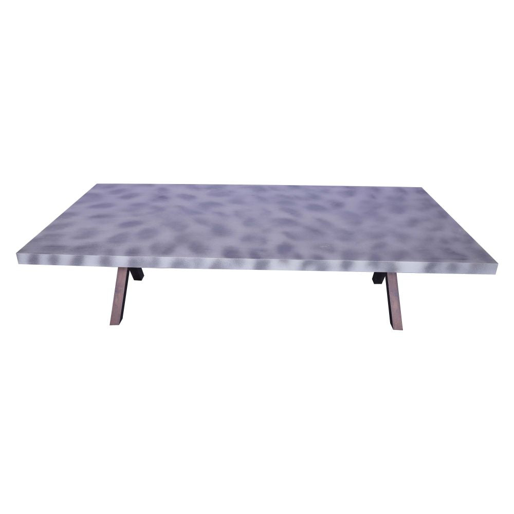 Contemporary dining table with terazzo look metal legs in sagwan gray distress on top