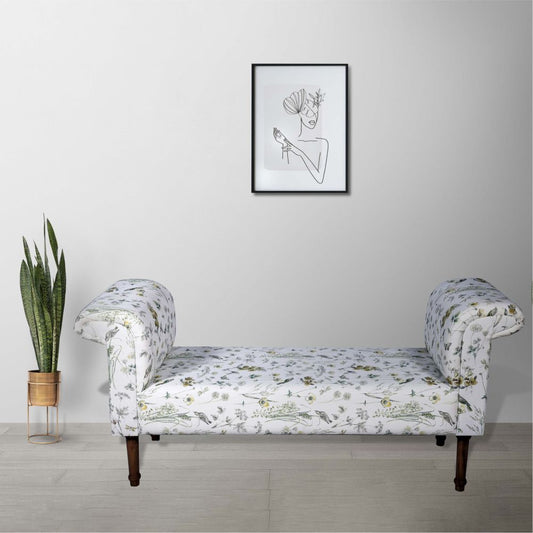 Fabric printed upholstered wooden bench for lounge walnut finish on legs