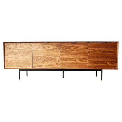 American walnut console with chest of racks in powder coated legs