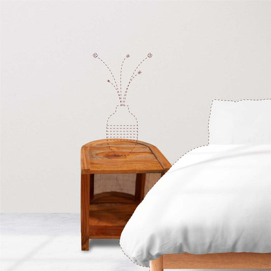 BEDSIDE TABLE HALF ROUND CURVED  SAGWAN WOOD RATTAN CANING WITH SHELF