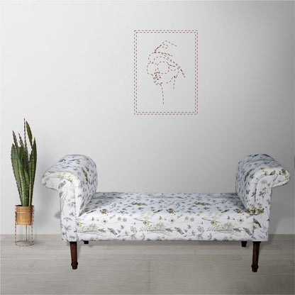 Fabric printed upholstered wooden bench for lounge walnut finish on legs