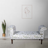 Fabric printed upholstered wooden bench for lounge walnut finish on legs